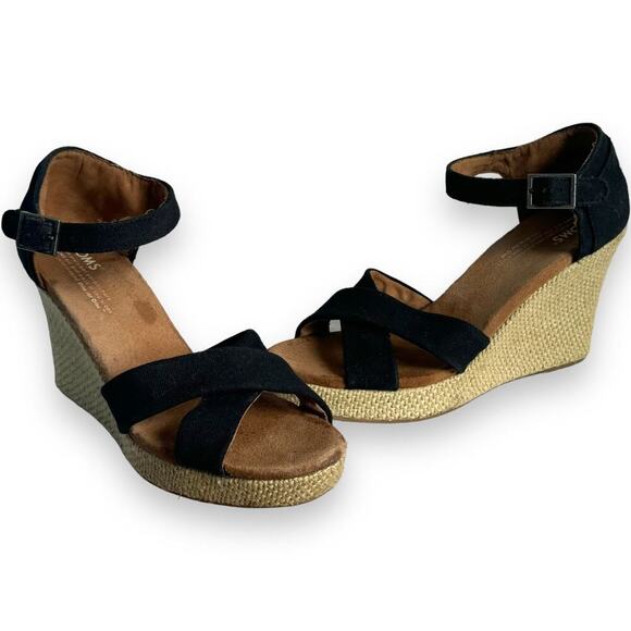 TOMS Black Canvas Open Toe Ankle Strap Wedge Heel Espadrille Sandals Size 8.5 - Picture 3 of 9